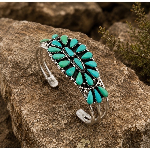 Turquoise Stone Cluster Cuff Bracelet - Silver Tone